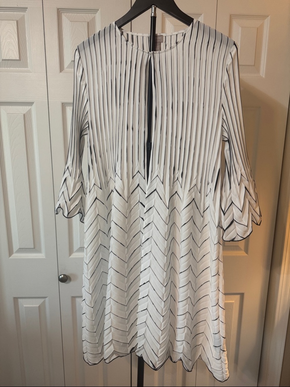 Chico's White and Black Striped Bell-Sleeve Duster